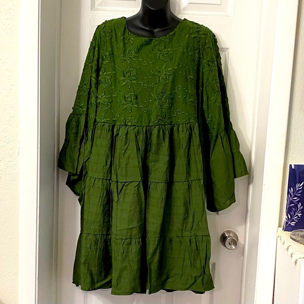 YUZAO Dress Forest Green Bohemian Babydoll HippieCore Festival 4XL Embroidered